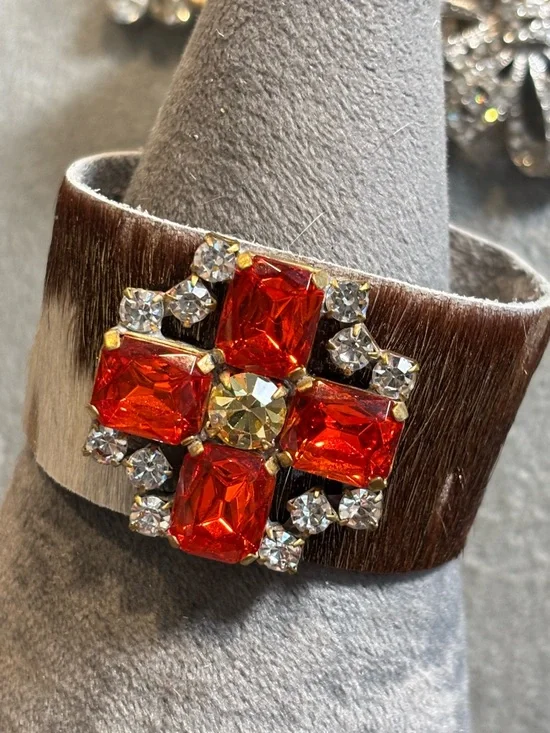 Handmade cowhide bracelet with Crystal repurposed brooch! One of a kind! - Picture 1 of 12